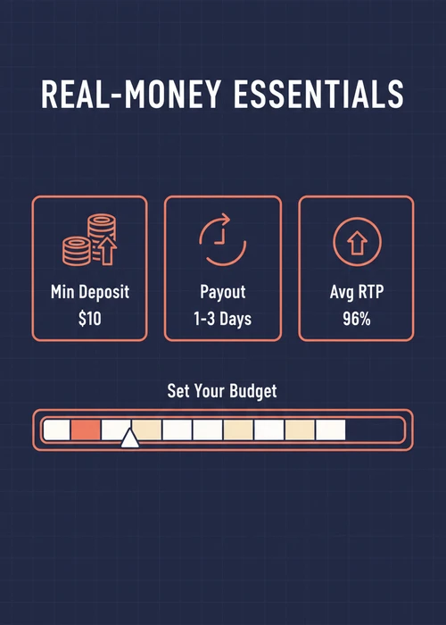 Real-money essentials at offshore casinos — $10 min deposit, 1-3 day payout and 96% average RTP with budget control.