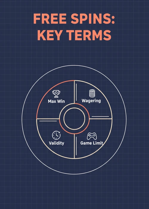 Free spins key terms at offshore casinos — wagering, max win, validity and game limit shown as a segmented ring.
