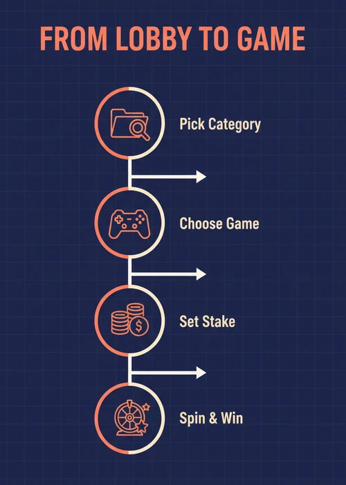 From lobby to game at an offshore casino — pick category, choose game, set stake and spin to win.
