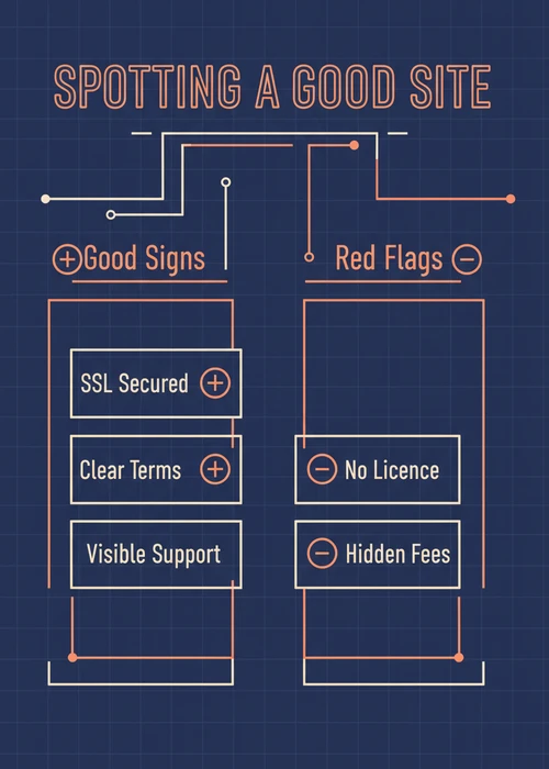 Spotting a good offshore casino website — SSL secured, clear terms and visible support versus no licence and hidden fees.